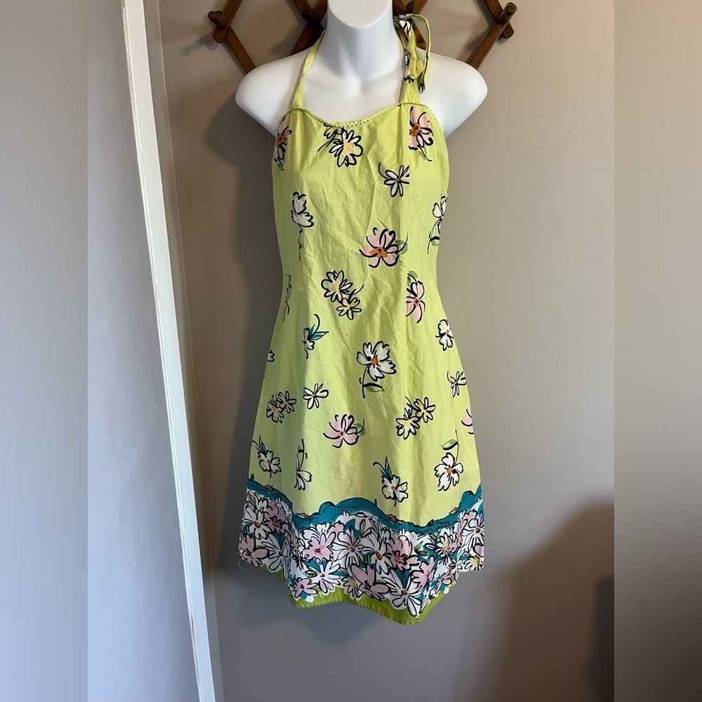Y2K Floral Halter Dress in Yellow Blue flare bottomed floral flower power S/M